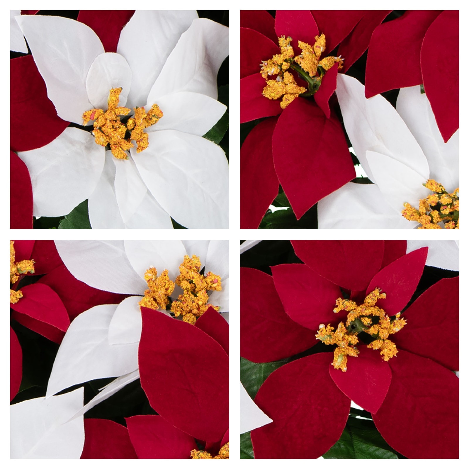 Artificial Cemetery Flowers – Red & White Poinsettia Saddle Bouquets and Vases
