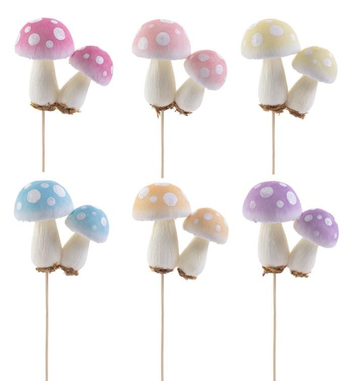 Napco Set of 6 Colorful Mushroom Garden Picks – 10 Inch Whimsical Polka Dot T…