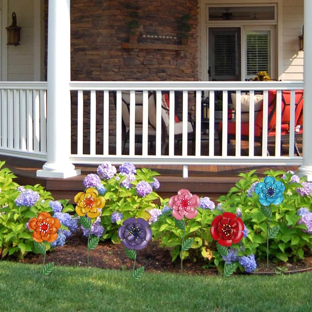 Garden Decor for Outside, Set of 6 Metal Flowers Decorative Garden Stakes for…