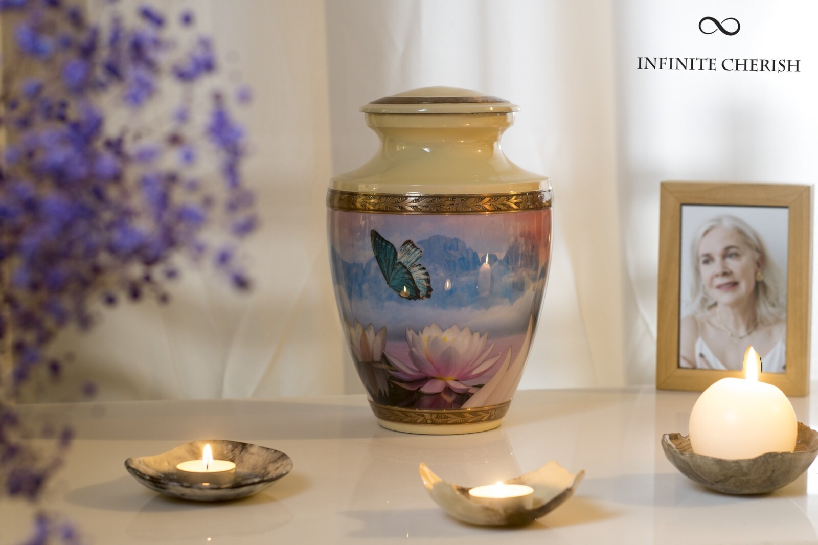 Blue Butterfly on a Cream Cremation Urn for Human Ashes | Polished Metal Flower