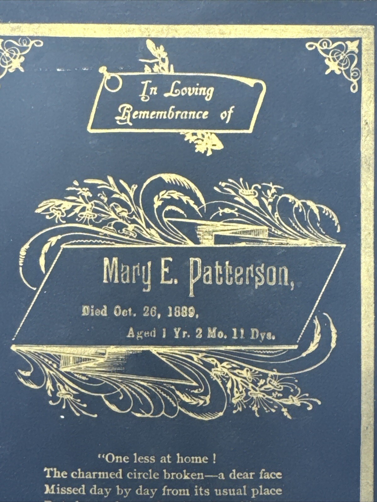 1889 Springfield, Ohio Funeral Card Mary E. Patterson ONE YEAR OLD
