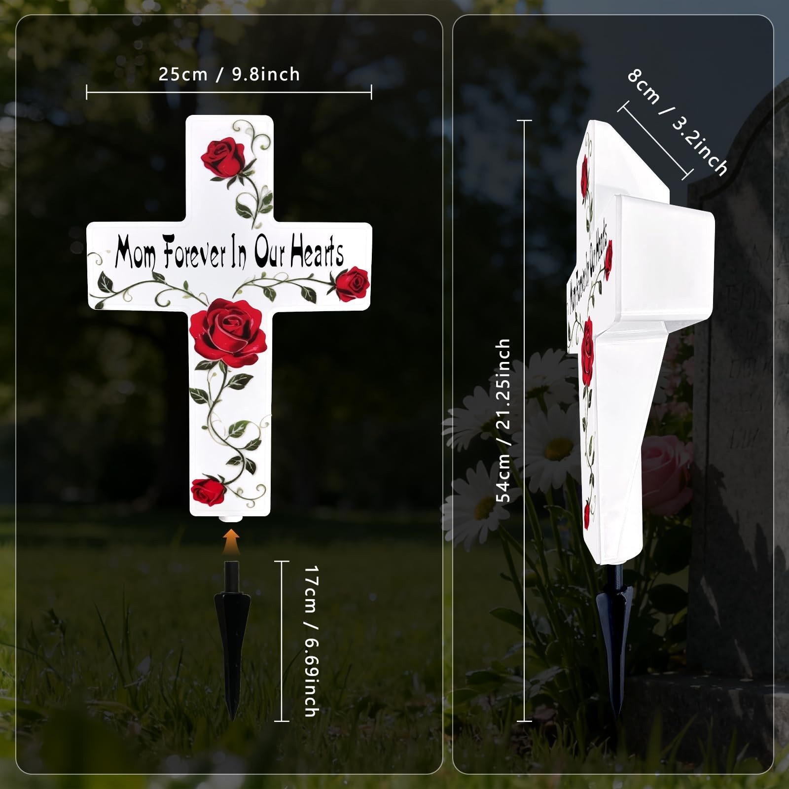 Solar Cross Grave Light Rose Flower Memorial Stake for Cemetery Remembrance