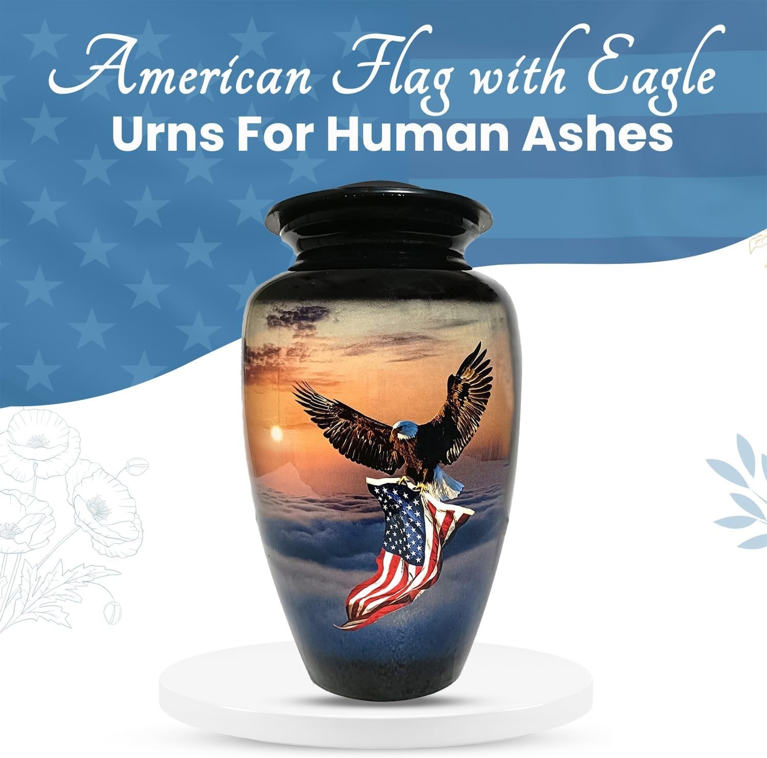 Elegant Large Metal Cremation Urn with American Flag Design – Holds 200 lbs