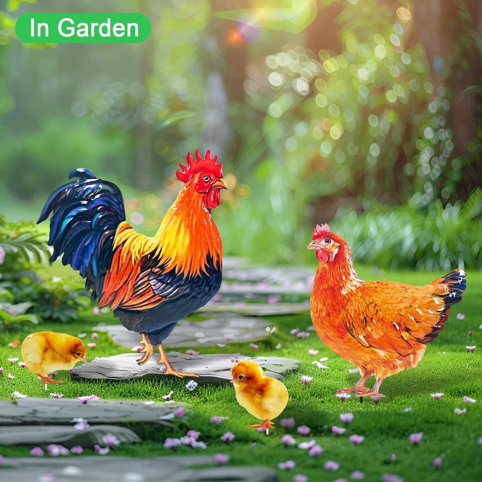 Metal Chicken Yard Stakes 4 Pack Realistic Hen and Rooster Outdoor Decor