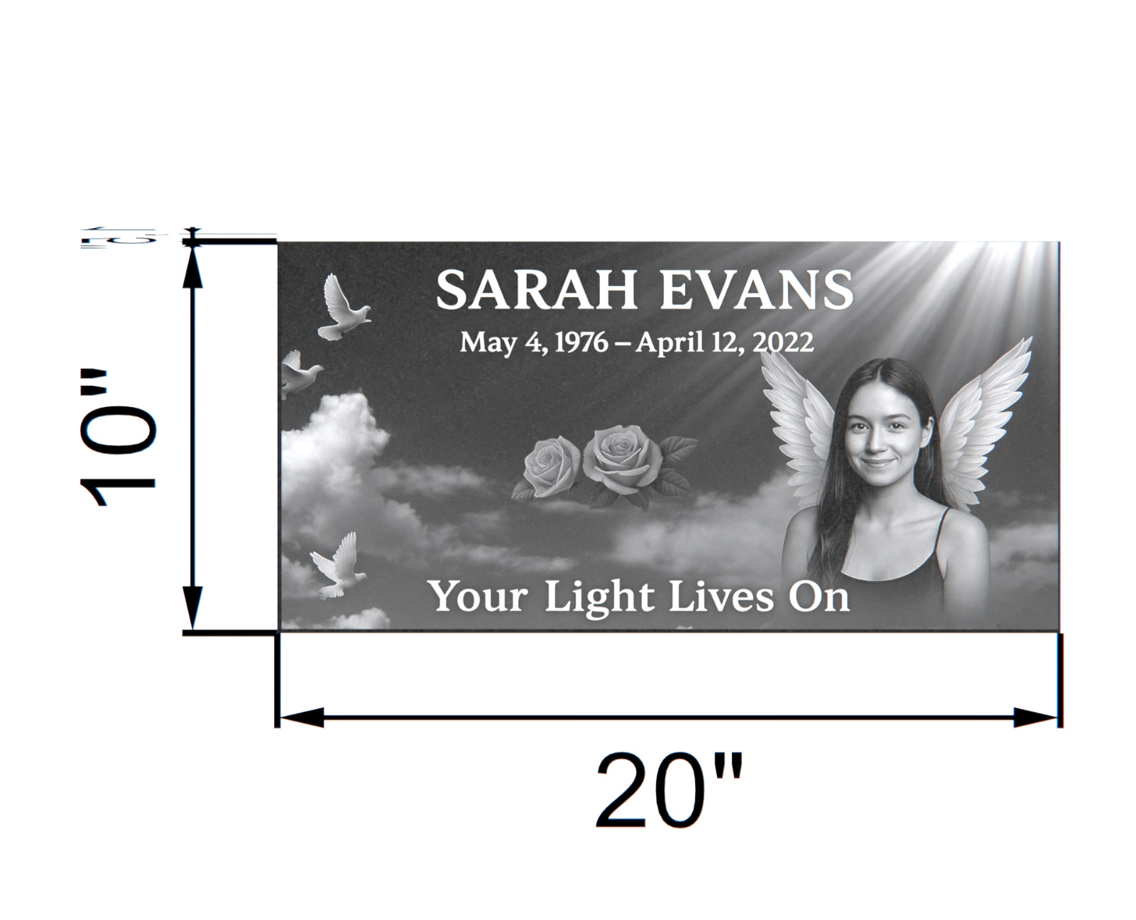 Custom Black Granite Grave Marker 20″x10″- Personalized with Background & Angel