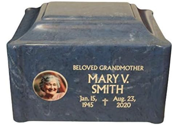 Twilight Blue Cremation Urn Vault w/ Photo & Laser Engraved Name Dates & Emblem