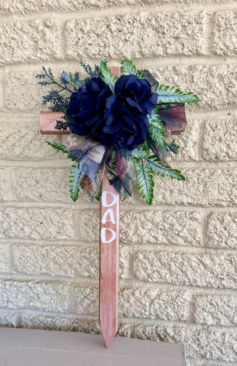 Hand-Painted Pine Cemetery Cross: Navy Blue Roses Dad Grave Decoration