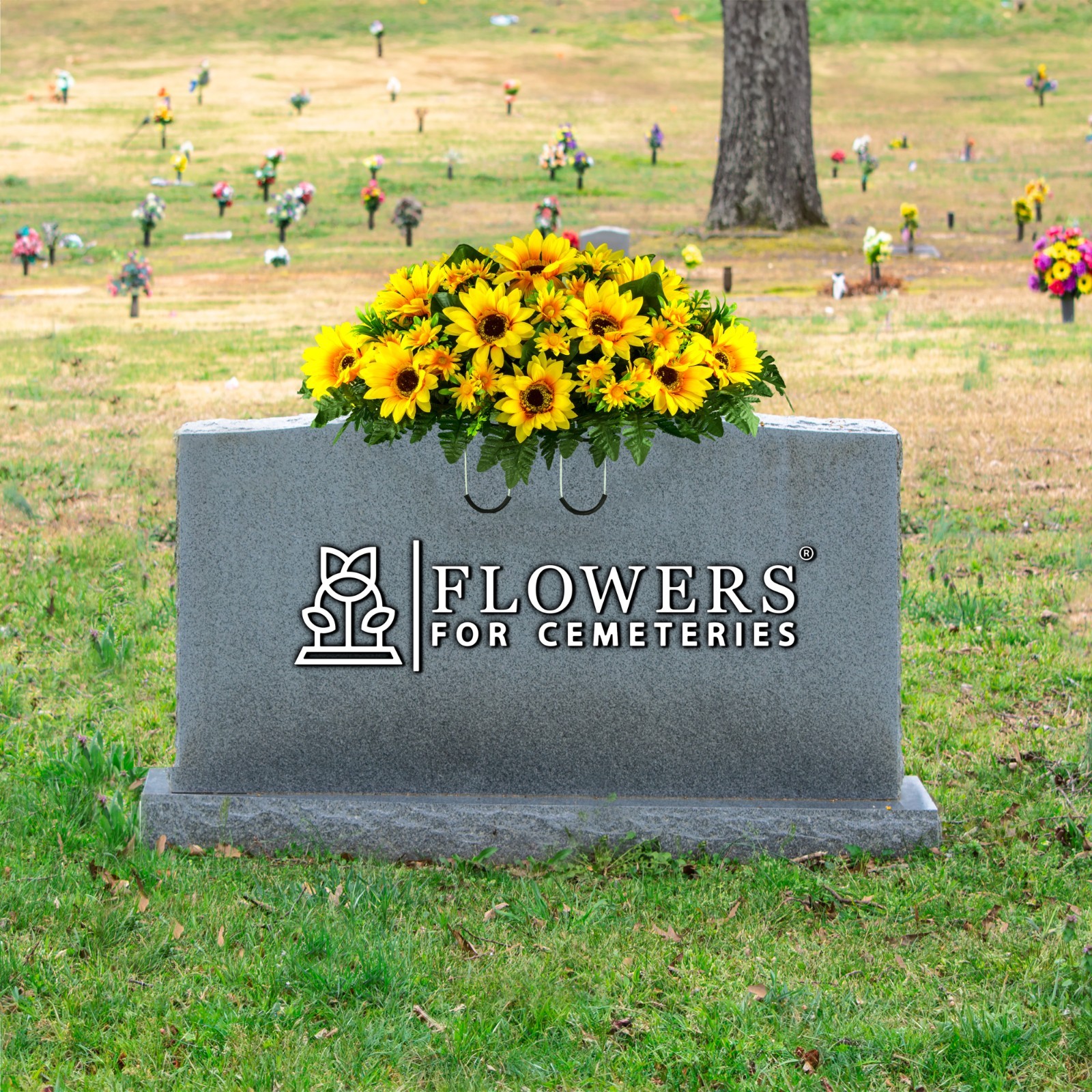 Artificial Cemetery Saddle for Headstone – Yellow Sunflowers