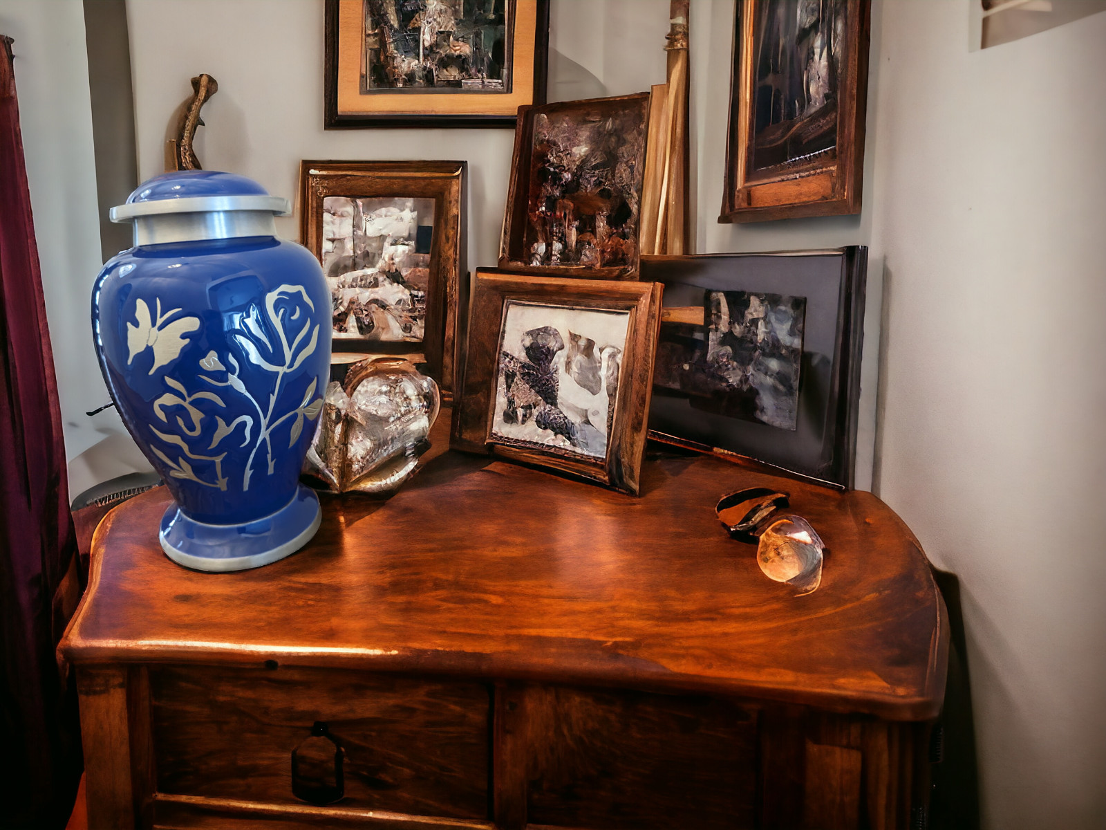 Blue Urn with Butterly & Rose Engraving, Artfully Handcrafted Aluminum