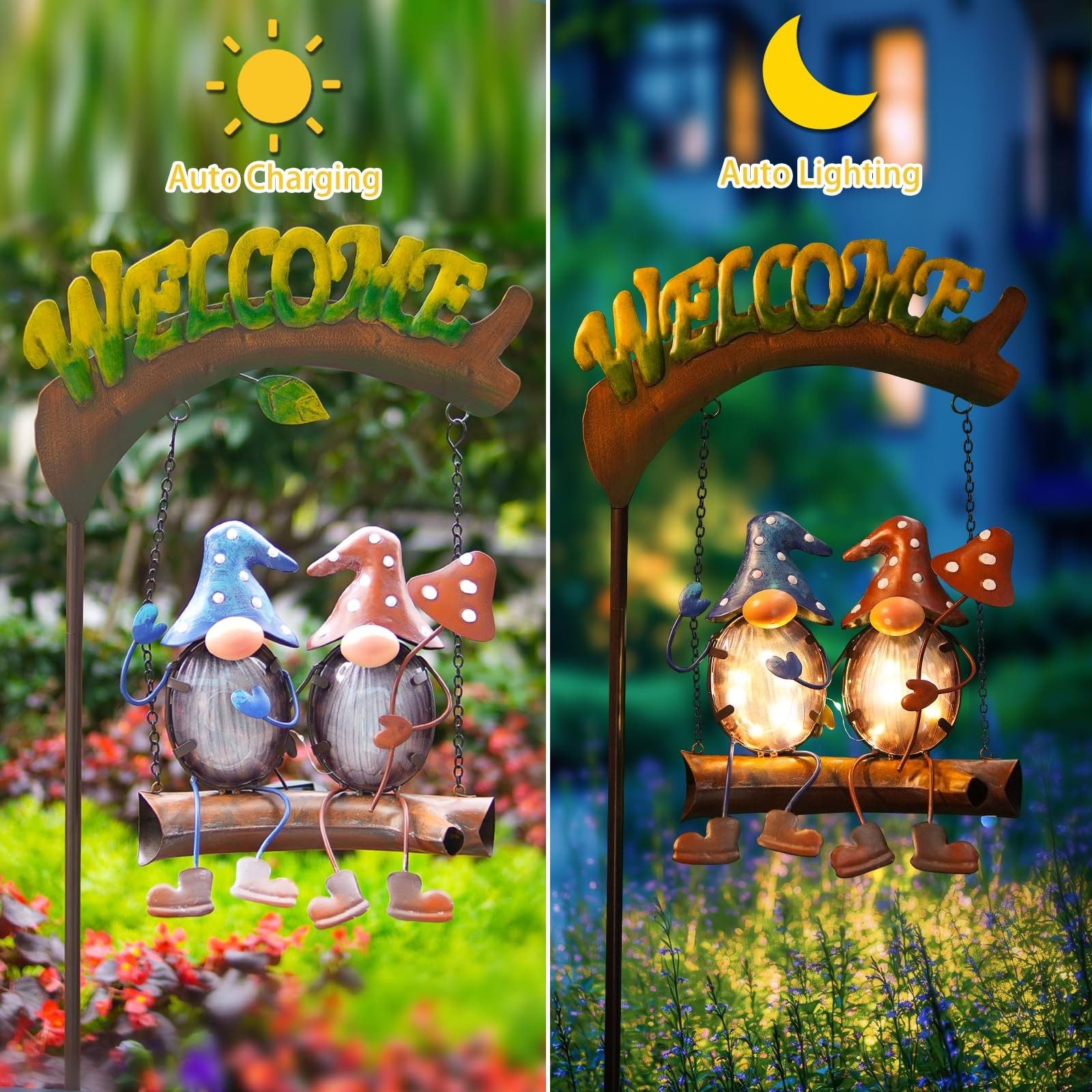 Gnomes Garden Decor Solar Lights, 48 Inch Welcome Sign Swing Yard Decorations…