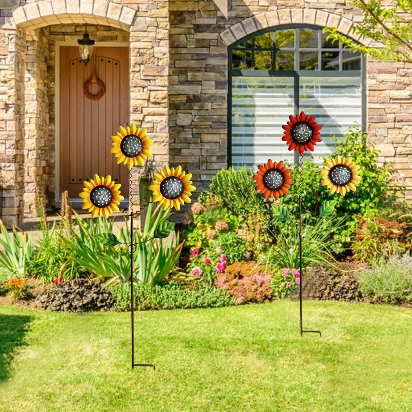 2 Pack Metal Sunflowers Decorative Garden Stakes, 29.5 Inch Outdoor Red&Yellow