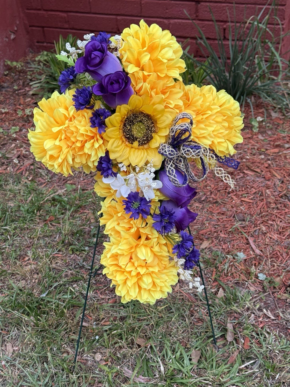 Cemetery Memorial Cross Silk Flower Arrangement Yellow & Purple