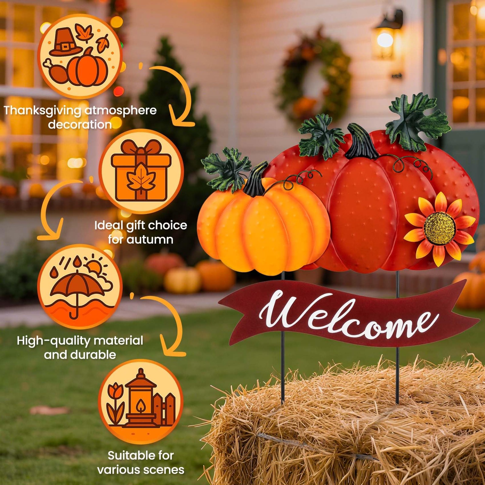 Fall Decorations for Home Outdoor – 21.2″ Metal Pumpkin Yard Stakes with 2-Pu…