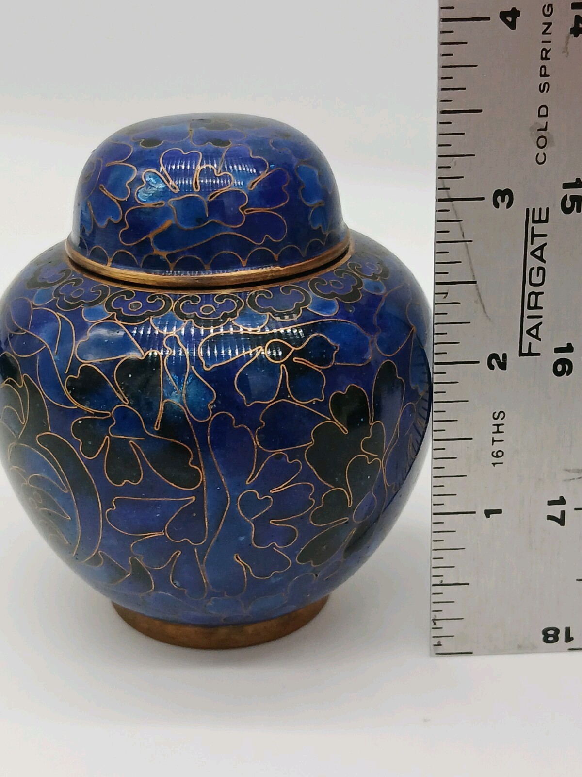 Small 3.25″ Blue Enamel Over Copper Floral Cloisonne Memento/Keepsake Urn