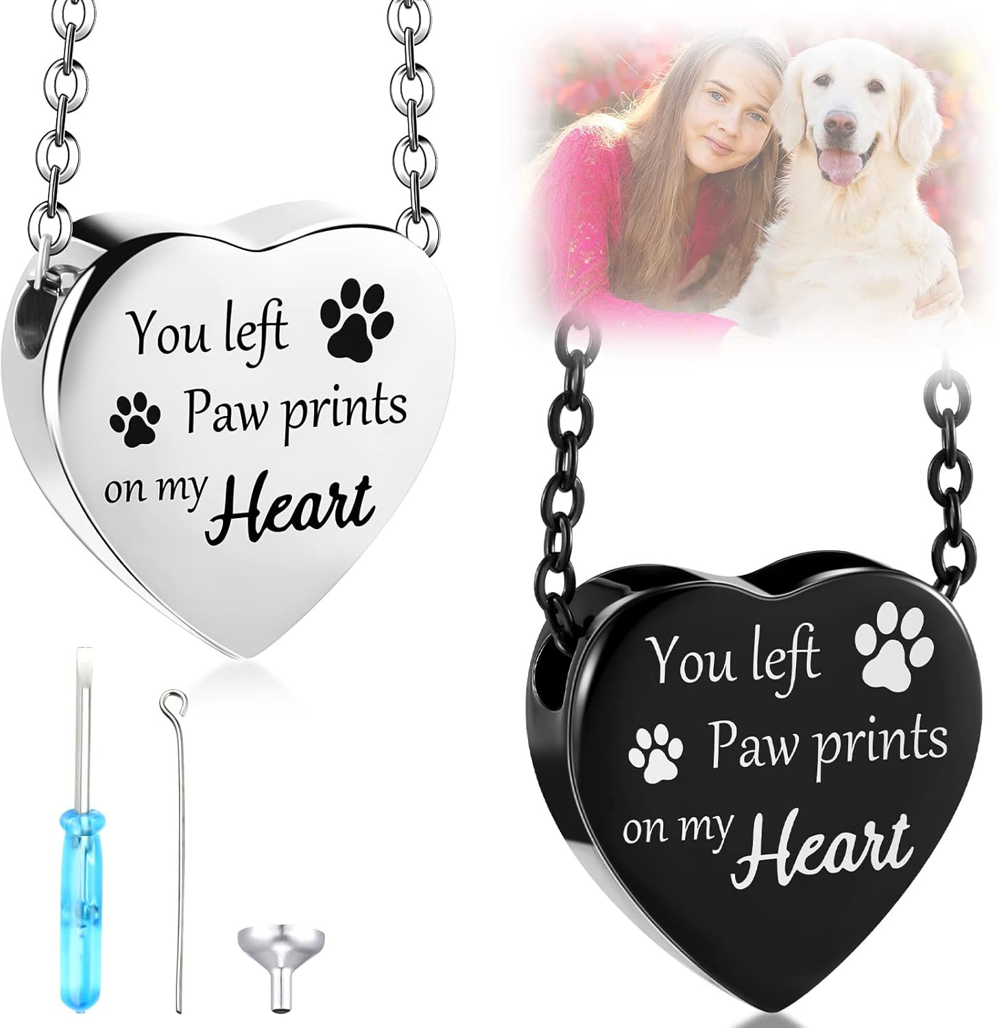 Pet Cremation Jewelry Necklace Set – Paw Print Heart Urn for Ashes, 2 Pcs
