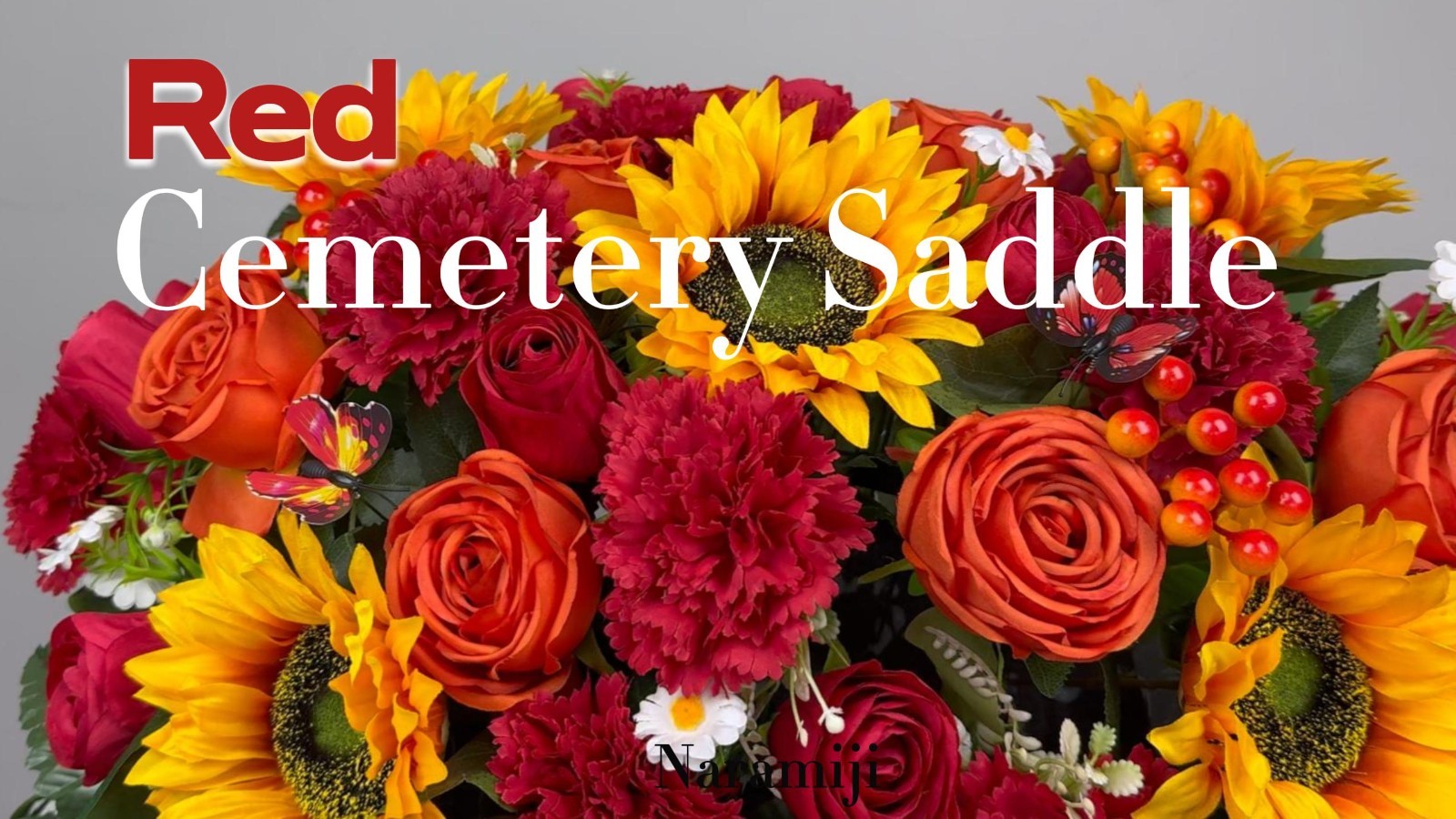 Cemetery Flowers with Grave Vase & Headstone Saddle – Red Sunflower, Rose, Daisy
