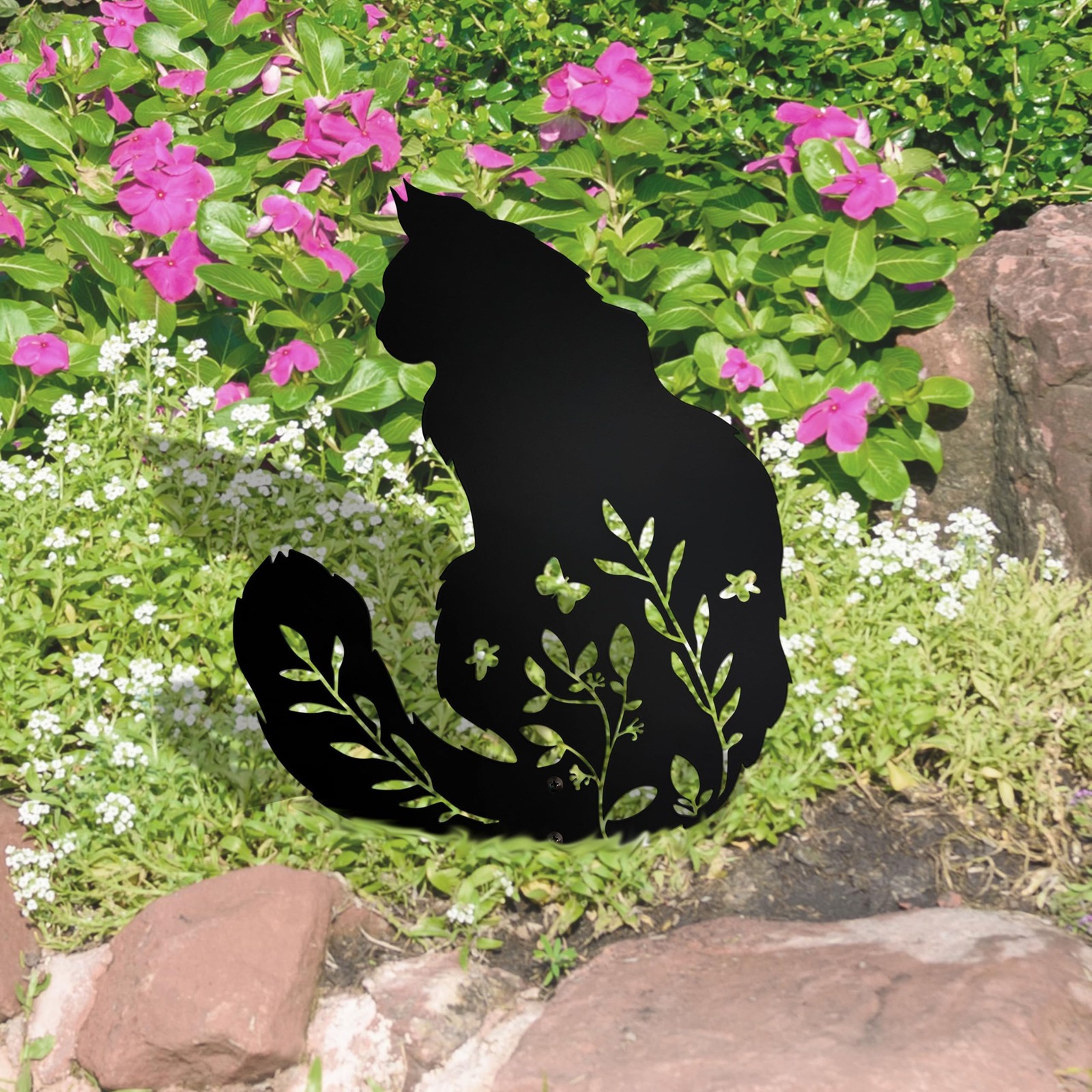 Maine Coon Cat Garden Stake – Elegant Black Cat Statue with Floral Design for…