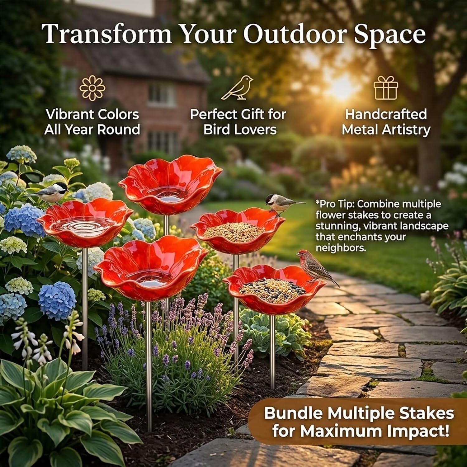 Handmade Metal Flower Garden Stake, Bird Bath for Outside Garden Patio Yard L…