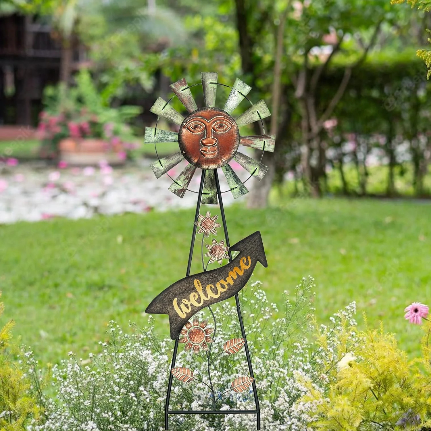 Fathers Day Gift Solar Garden Lights Wind Spinner Outdoor Metal Sun Face Decor