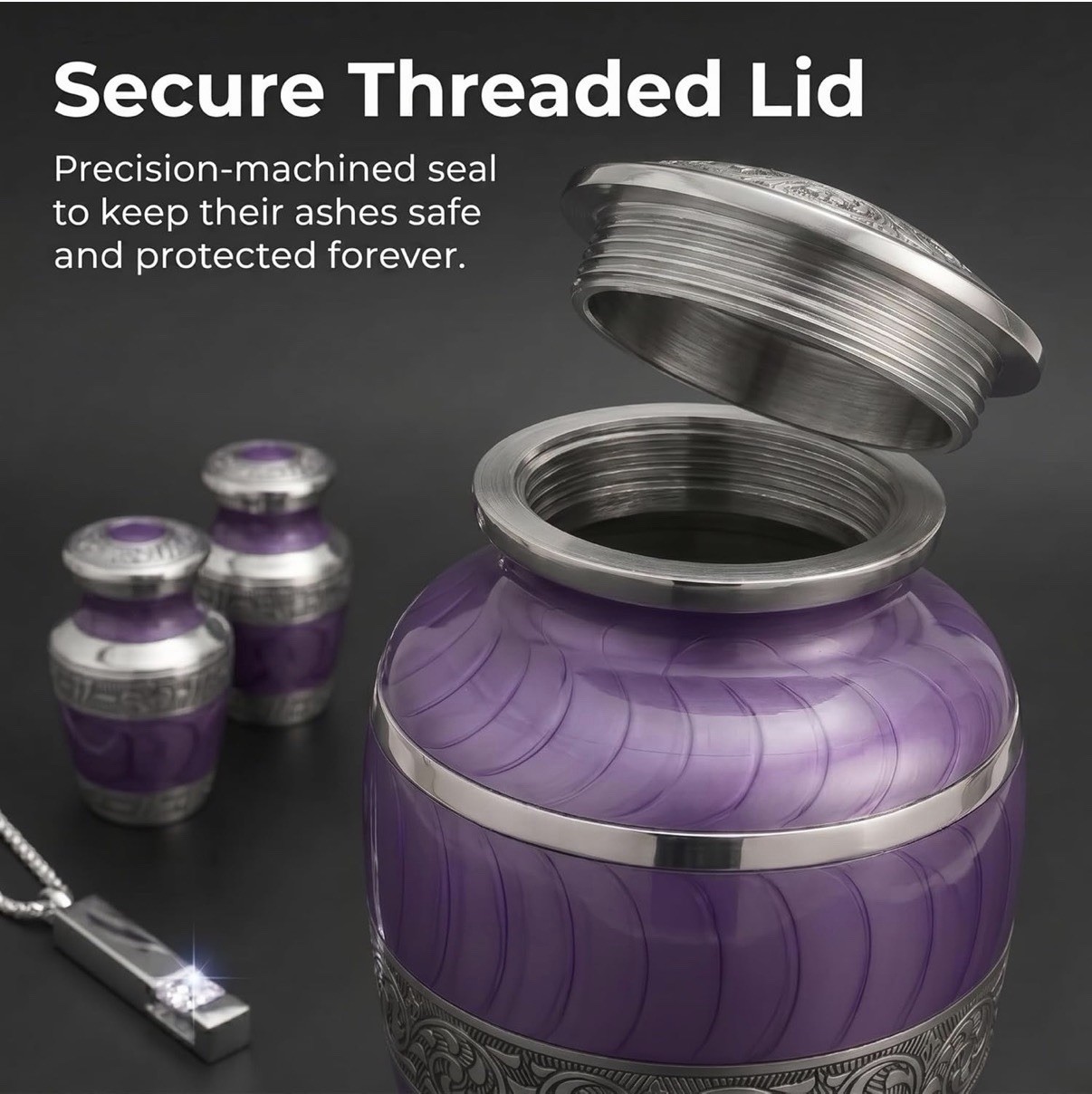 Purple Metal Cremation Urn Set for Adult Ashes with Keepsake and Necklace