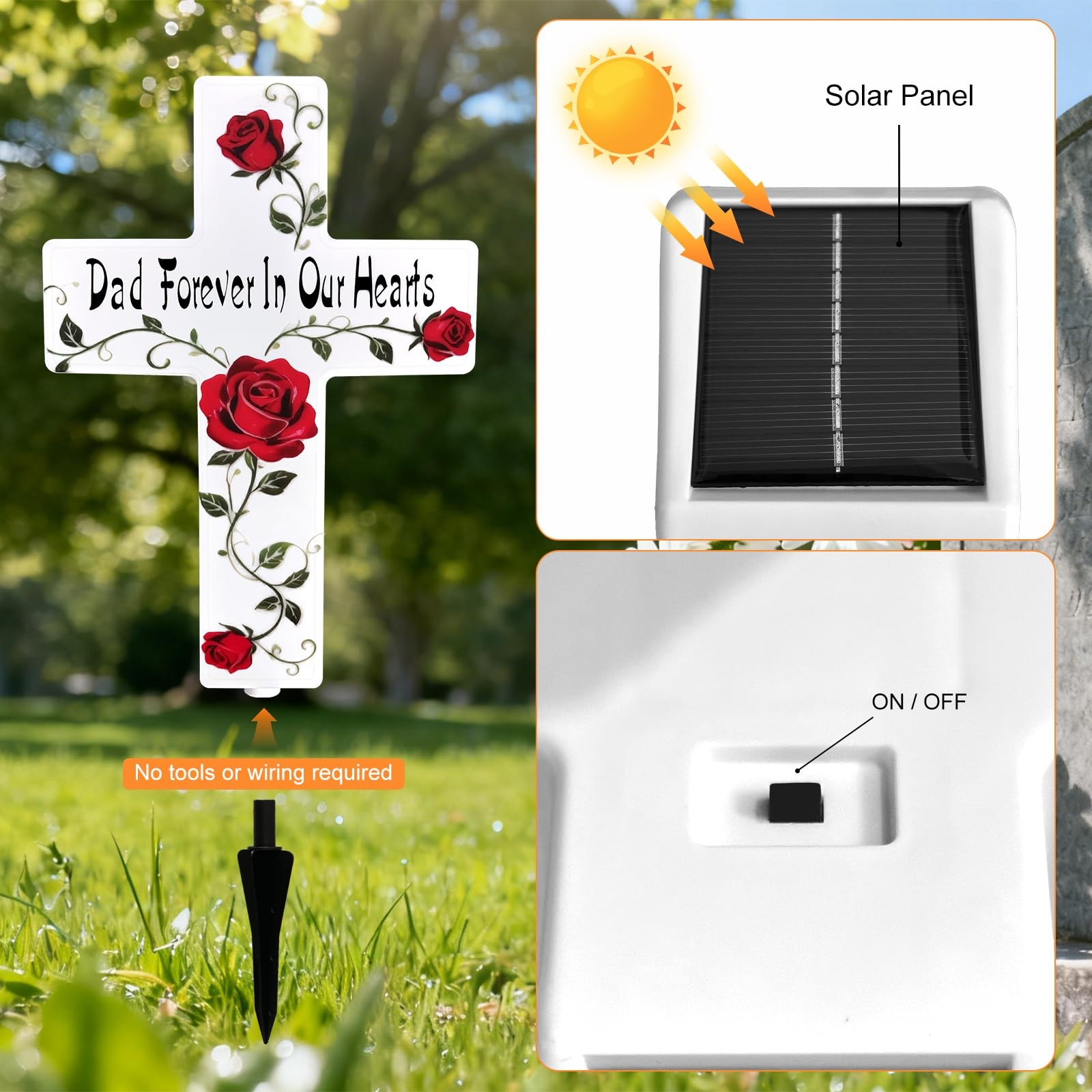 Solar Cross Light Rose Flower Grave Decorations for Memorial Garden Stake