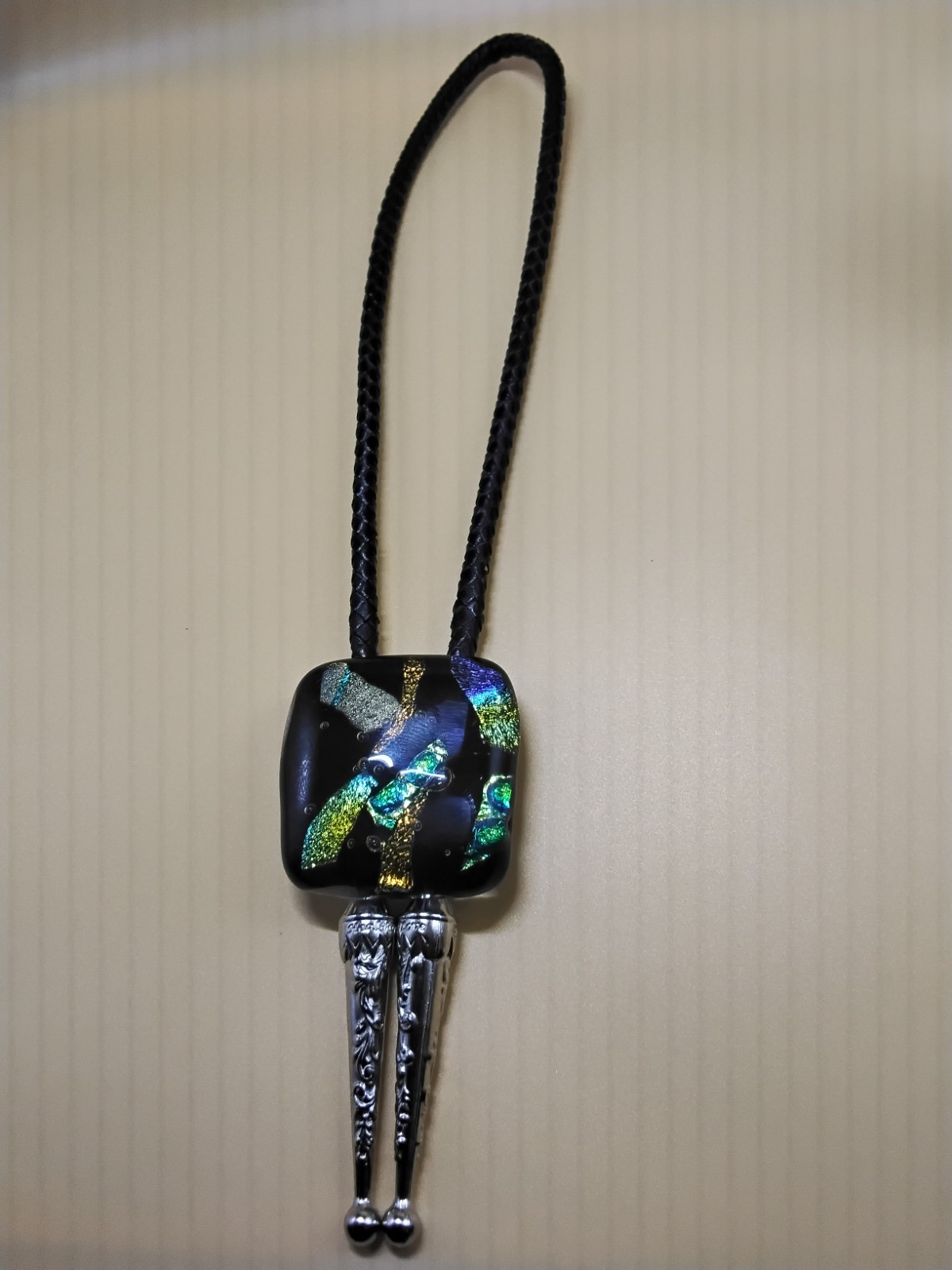 Dichroic Bolo for Cremation Urn | Modern Western Bolo | Black Genuine Leather