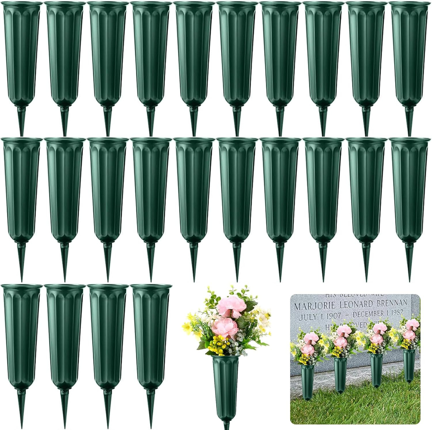 24 Pack Memorial Flower Vase Plastic Cemetery Vases with Spikes Cemetery