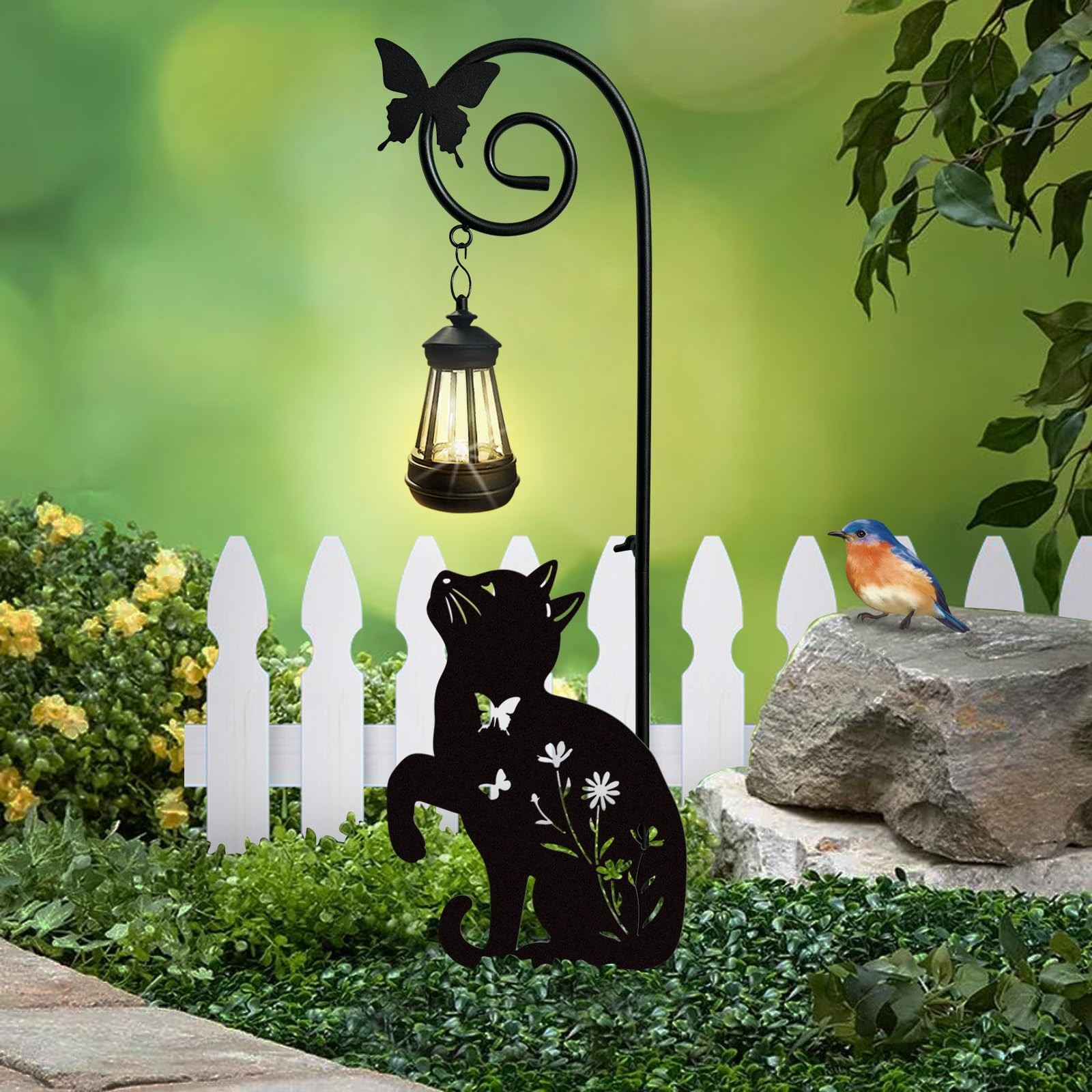 Metal Cat Stake with Solar Lights | Outdoor Garden Decor and Lawn Ornaments