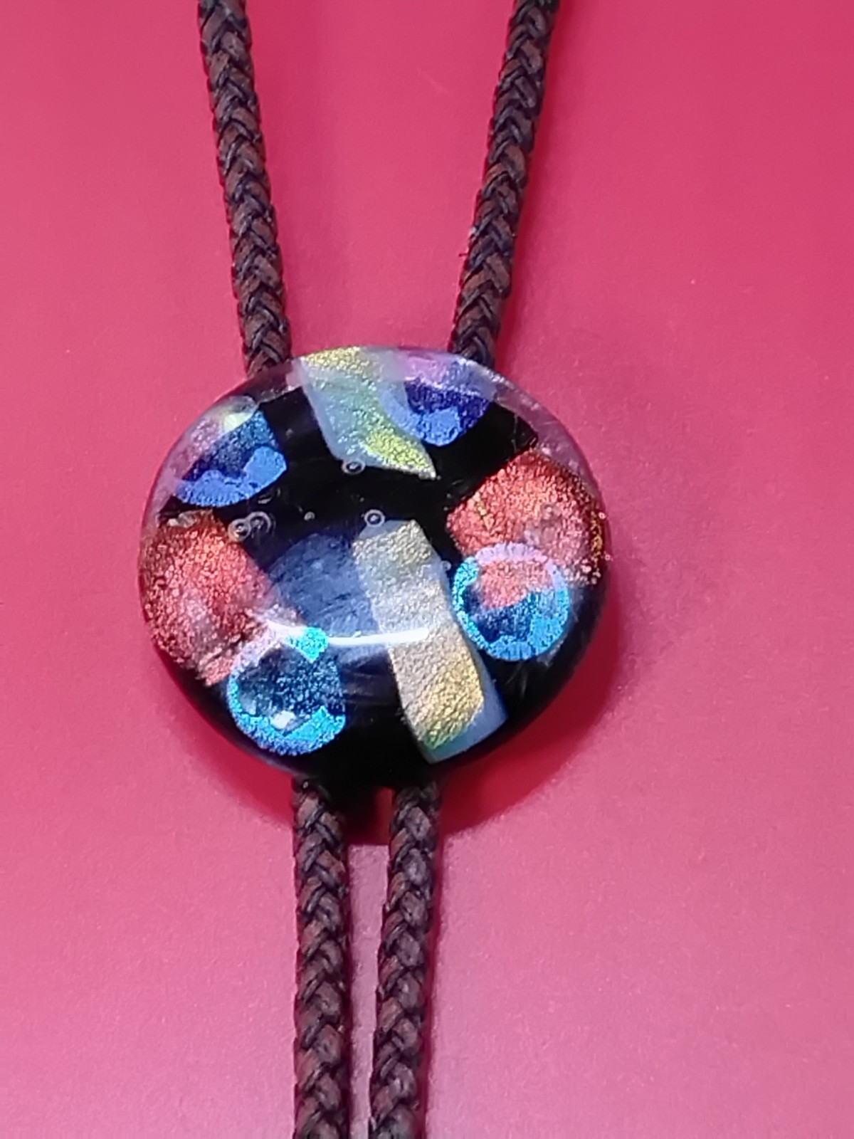 Dichroic Bolo for Cremation Urn | Remembrance Urn Bolo | Brown Genuine Leather