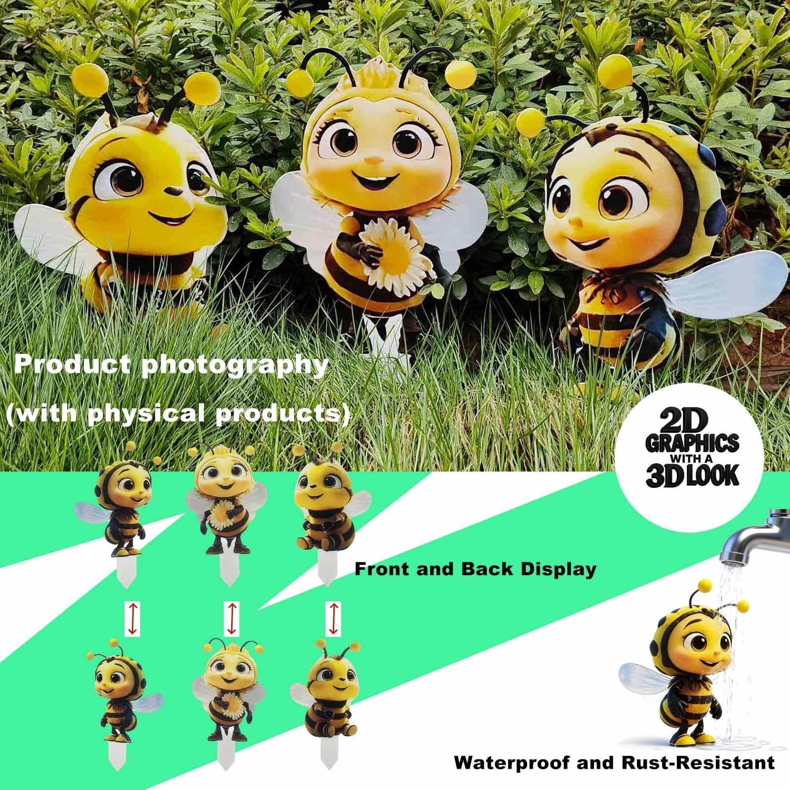 Bee Garden Stakes – Metal Outdoor Art, Rustproof Lawn Ornaments, Set of 3
