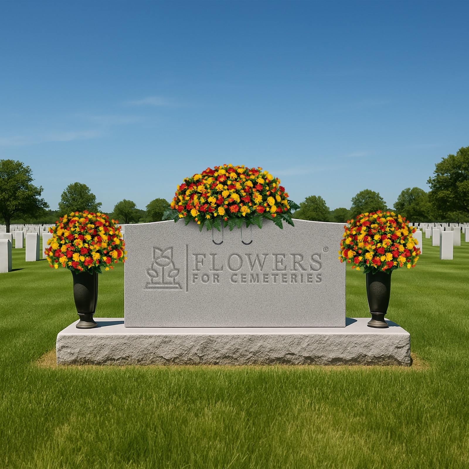 Artificial Cemetery Flowers – Sunset Orange Garden Mums Saddle and 2 Bouquets