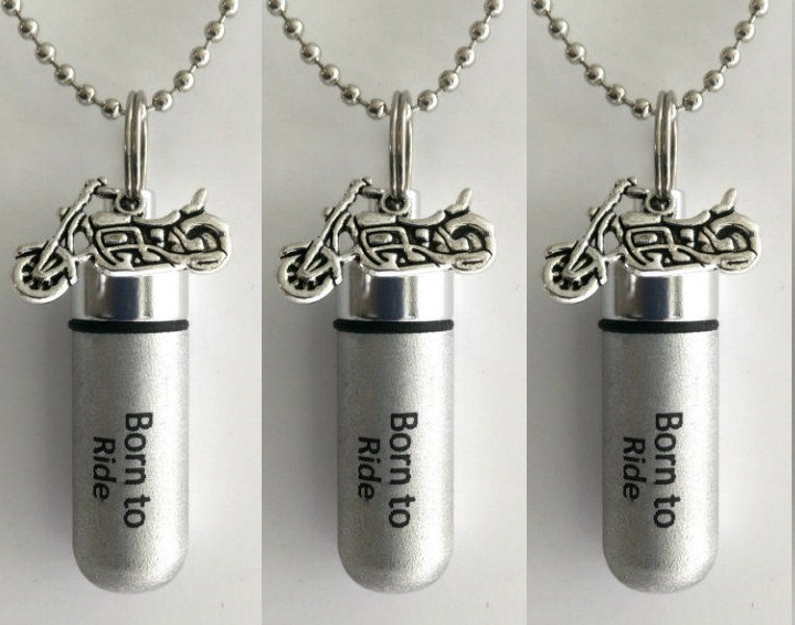 Set of 3 “Born To Ride” Motorcycle CREMATION URNS w/Pouches, Chains, Fill Kit