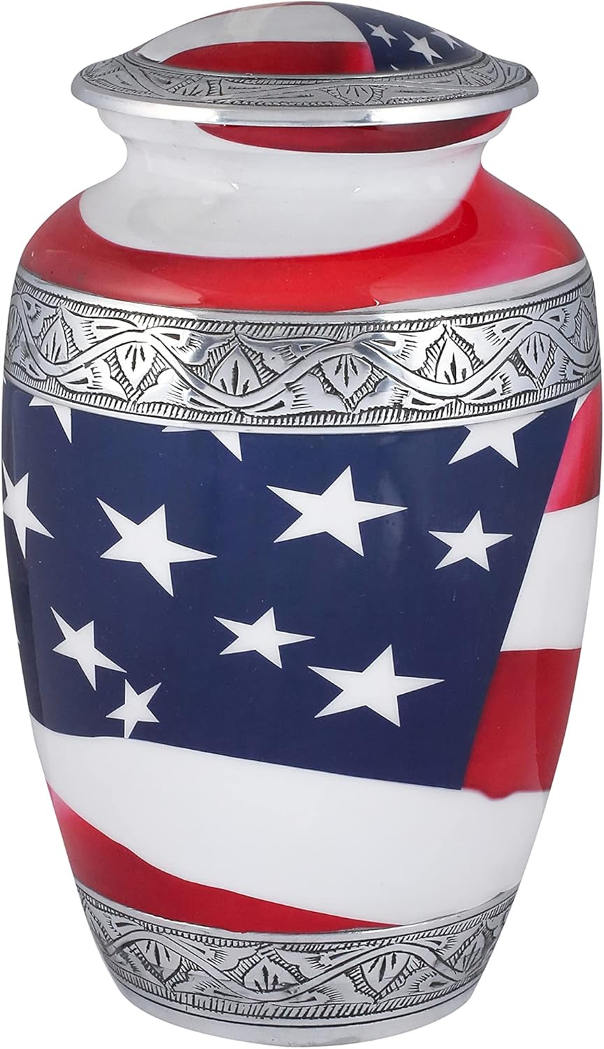 American Flag Hand Engraved Cremation Urn for Adult Human Ashes, Veterans, First