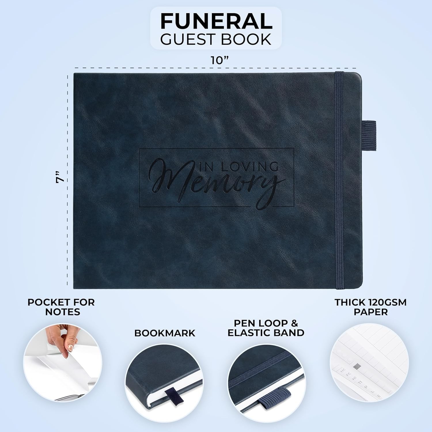 Memorial Guest Book Funeral Sign-In Book Hardcover 10×7 Dark Blue