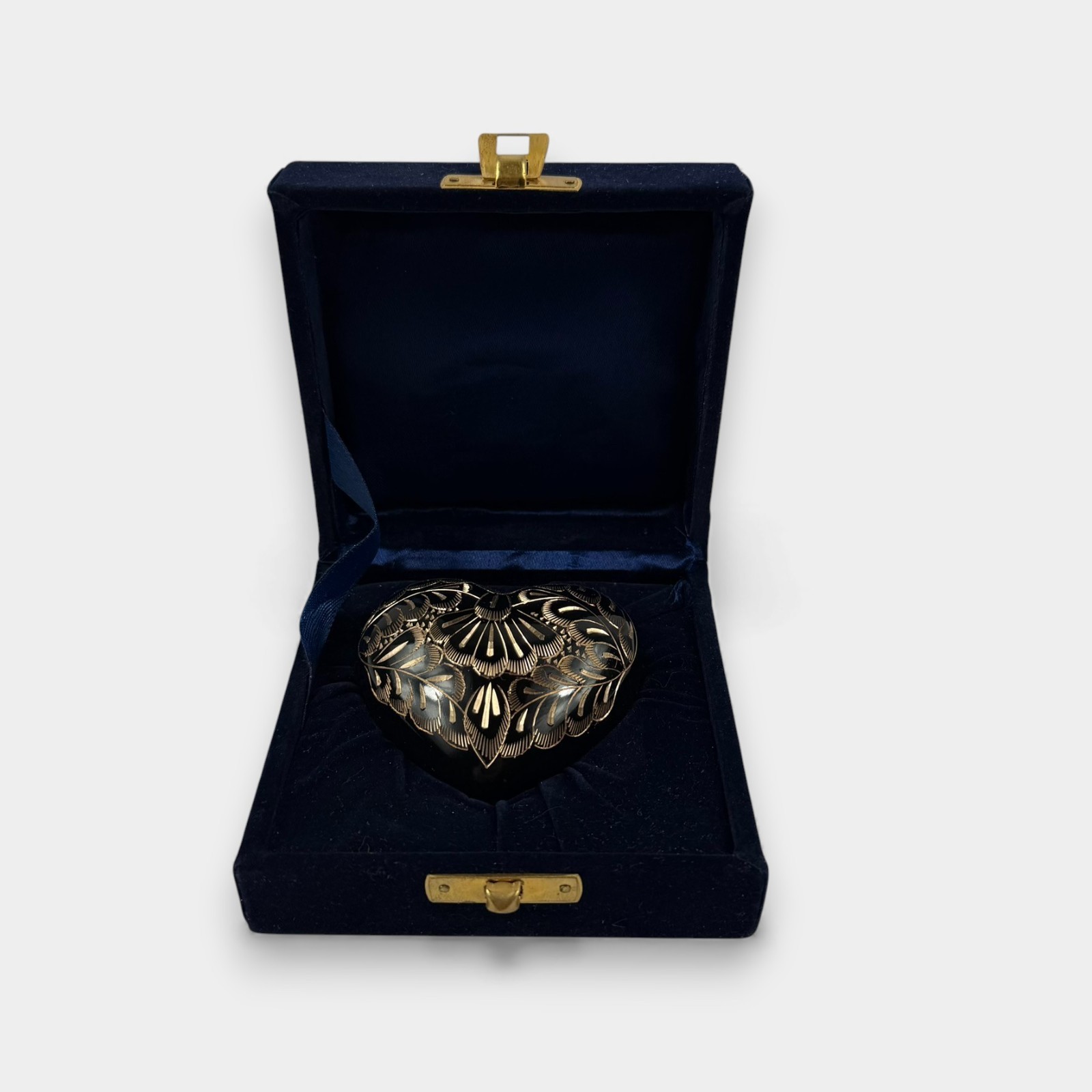 Crescent Memorial Heart Urn – Black Painted Brass w/ Gold Etching – Velvet Box