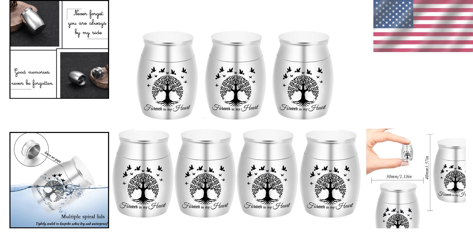 Forever in My Heart – 7 Mini Stainless Steel Ashes Urns with Velvet Bags