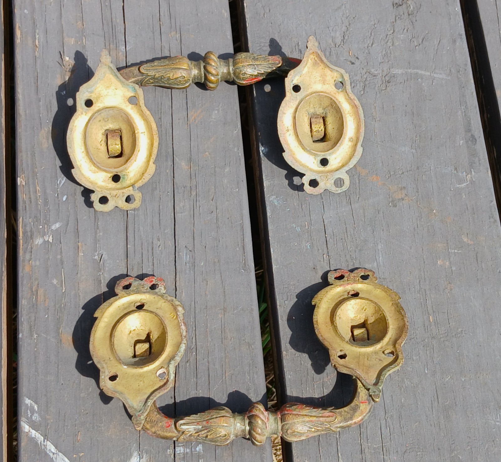 Antique Pair Heavy Cast Brass Hearse or Casket Backplates with Bail Handles 1880