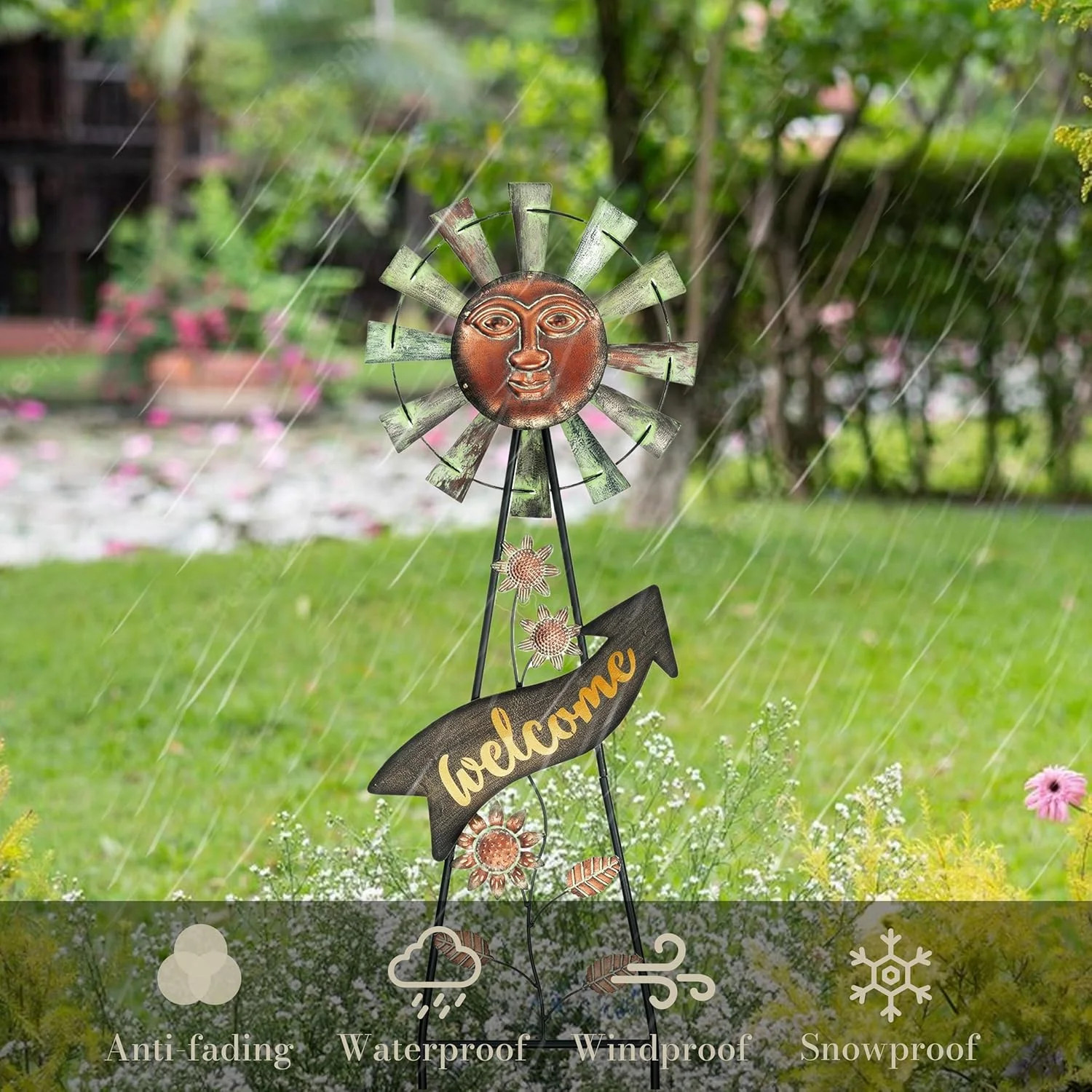 Fathers Day Gift Solar Garden Lights Wind Spinner Outdoor Metal Sun Face Decor