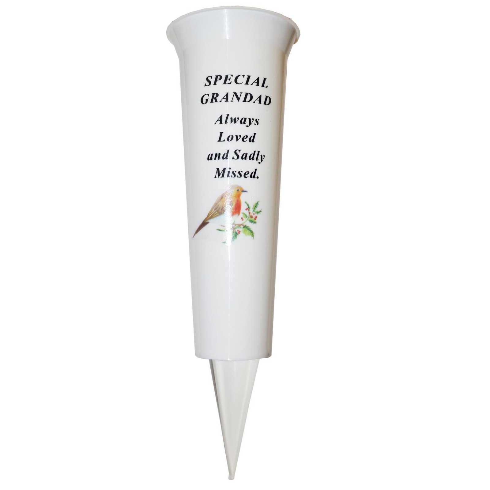 Memorial Graveside Flower Vase with Spike Robin Image – Special Grandad
