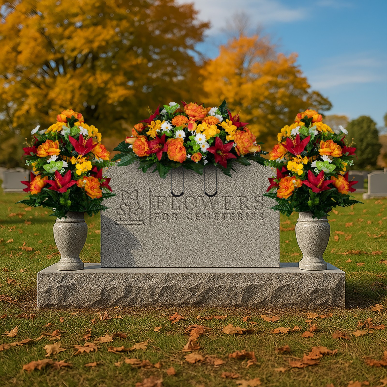 Artificial Gravesite Flowers – Red Lily and Sunrise Peony Saddle and 2 Bouquets