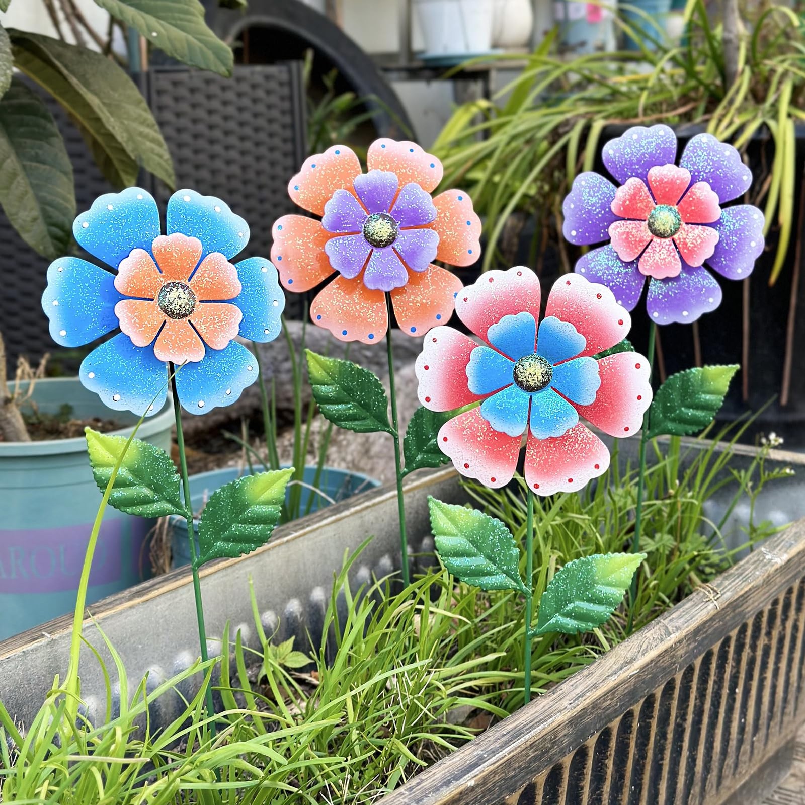 4-Pcs 16.5″ Metal Flower Garden Stakes: Hand-Painted, Weather-Resistant Decor