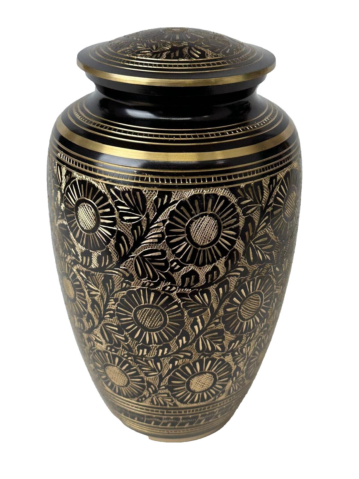 Elegant Solid Brass Black Golden Flower Urns Handcrafted Memorial Urn for Ashes