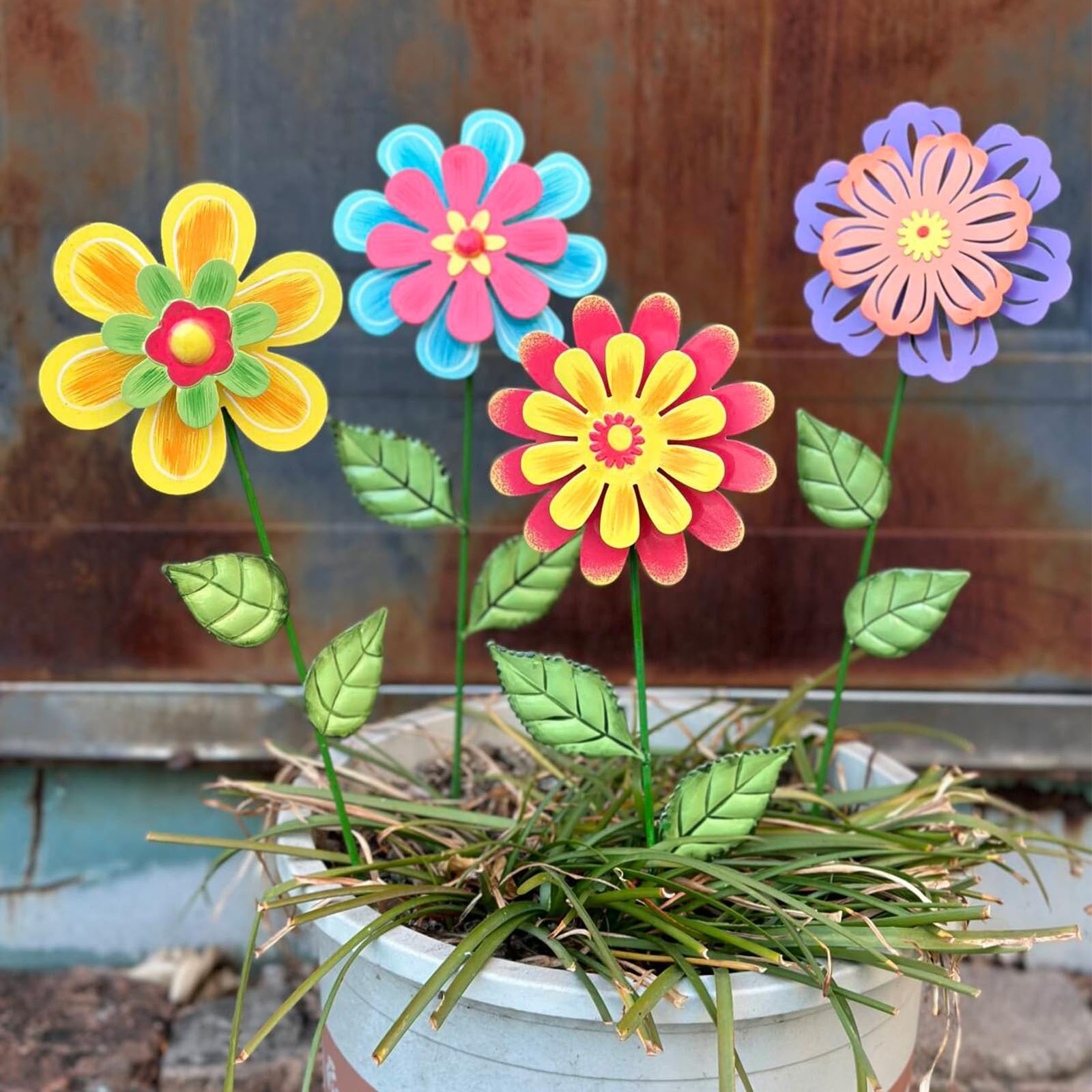 Metal Flower Garden Stakes 4 Pack Decorative Outdoor Art for Lawn & Pathway