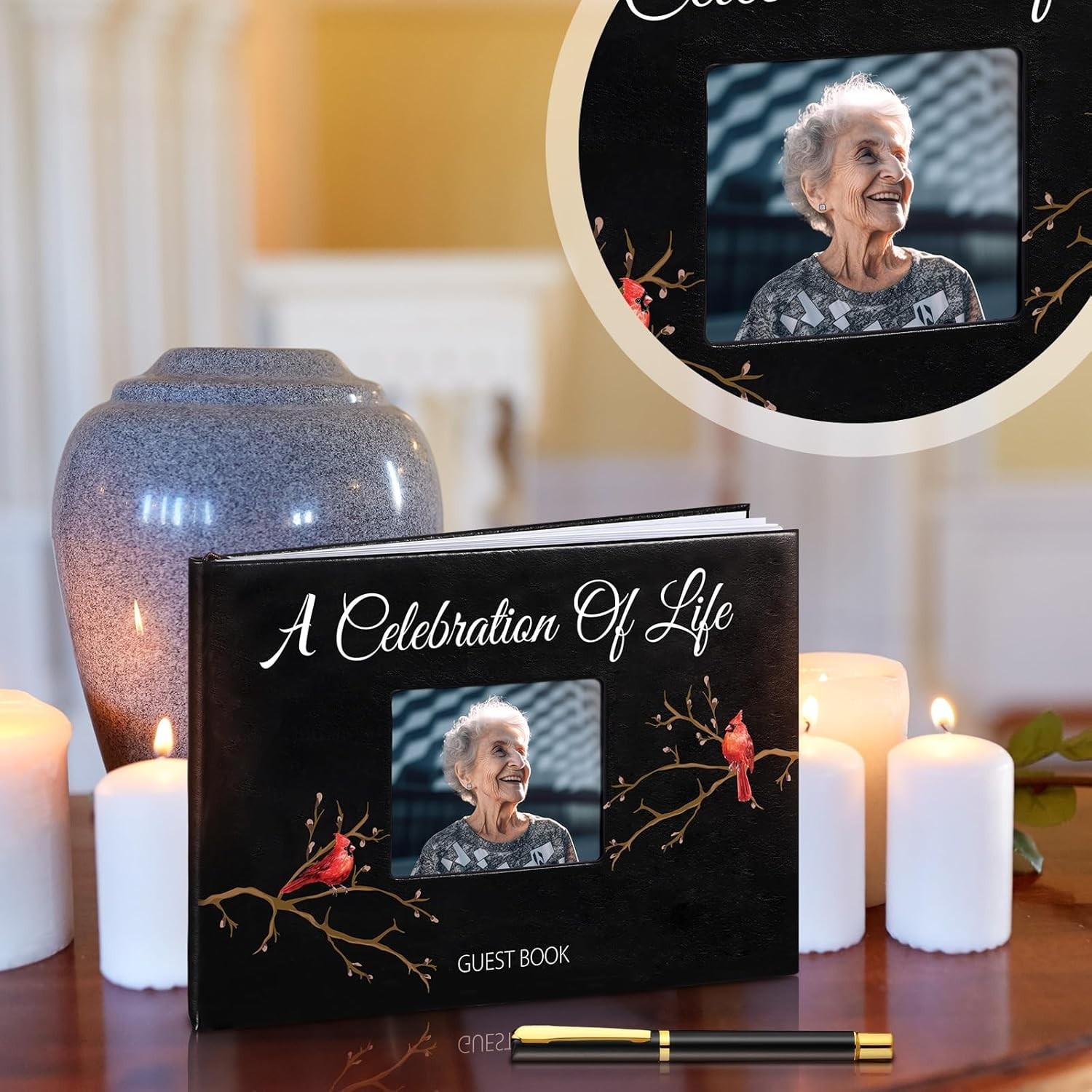 144-Page Cardinal Memorial Guest Book with Pen – Cherished Keepsake for Funerals
