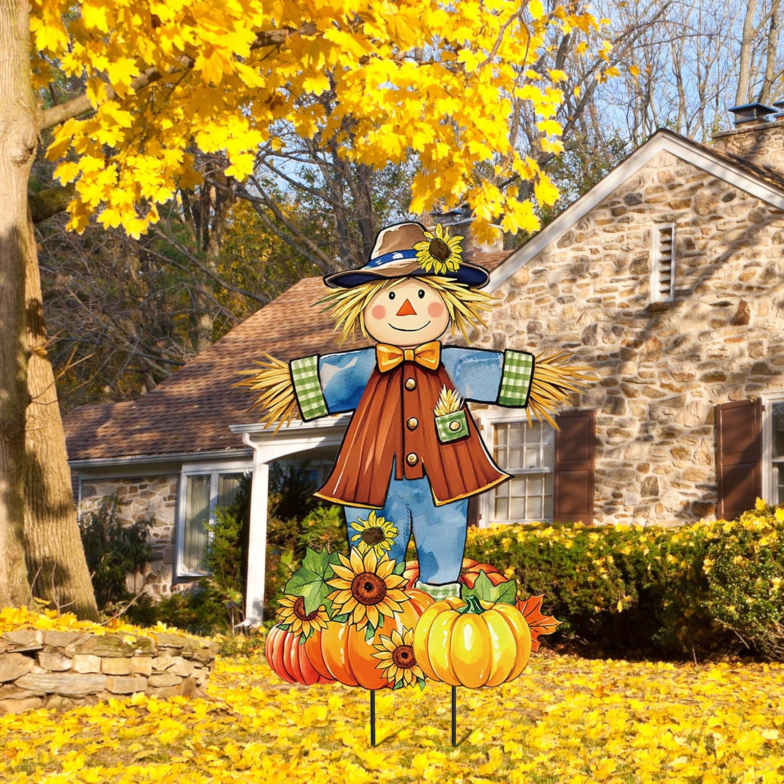 33 Inch Fall Scarecrow Metal Garden Stake Rustic Pumpkin Pile Lawn Yard Sign