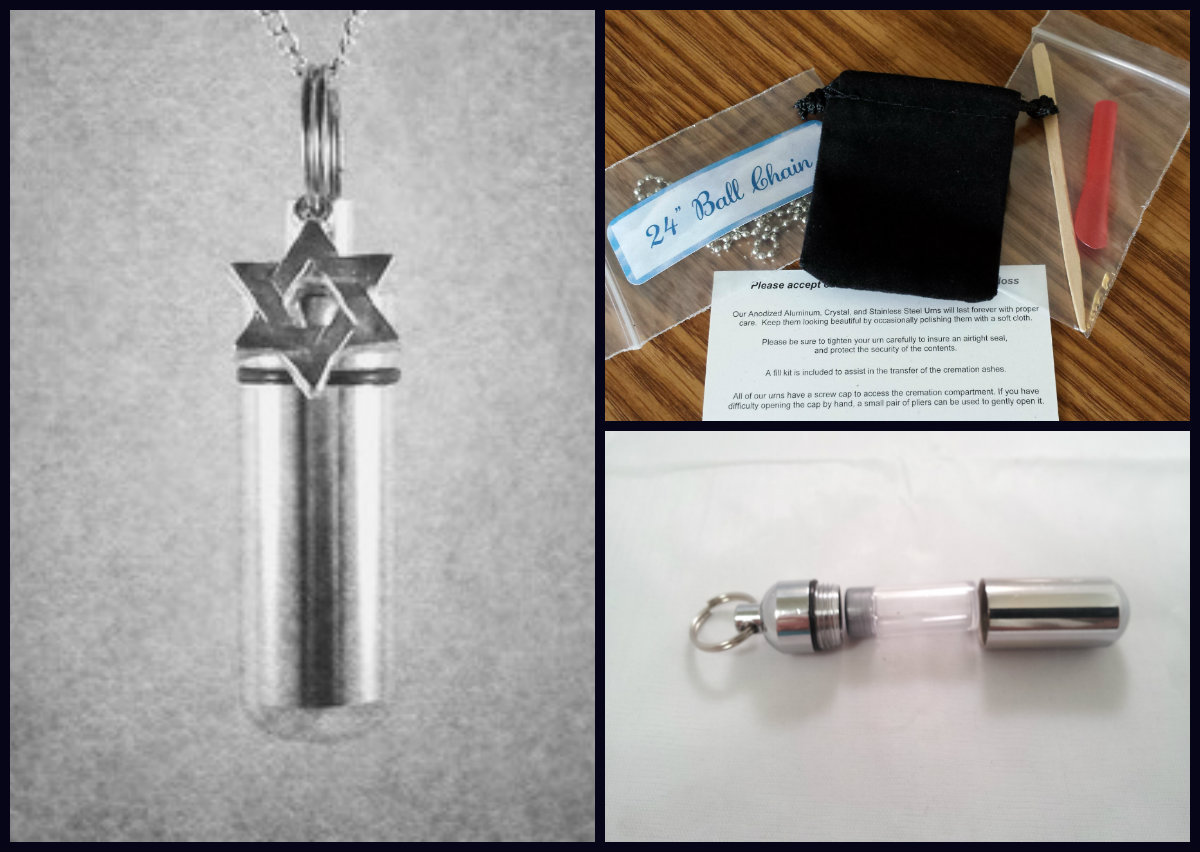 COMPLETE SET – Jewish Star of David Cremation Urn Necklace, Velvet Pouch, Funnel