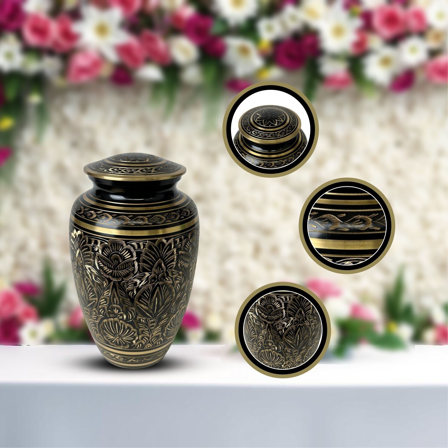 Elegant Solid Brass Black Golden Flower Urns Handcrafted Memorial Urn for Ashes