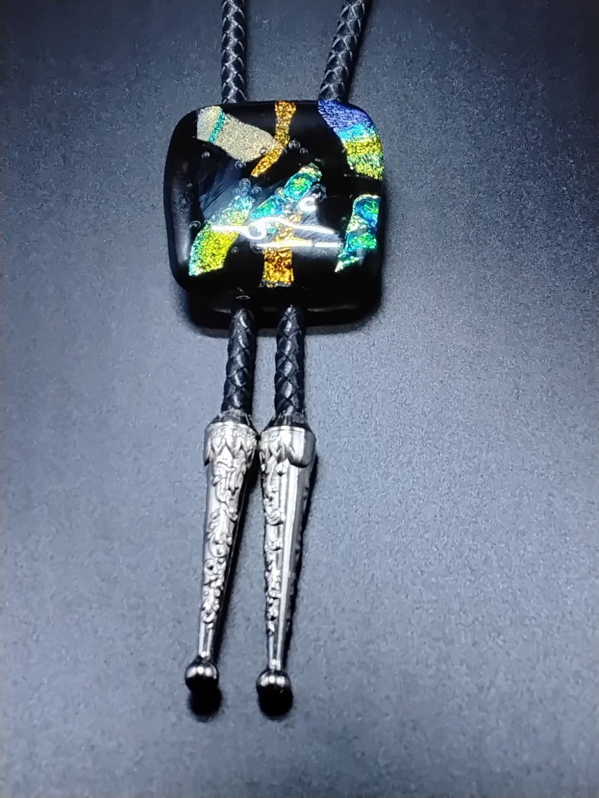 Dichroic Bolo for Cremation Urn | Modern Western Bolo | Black Genuine Leather
