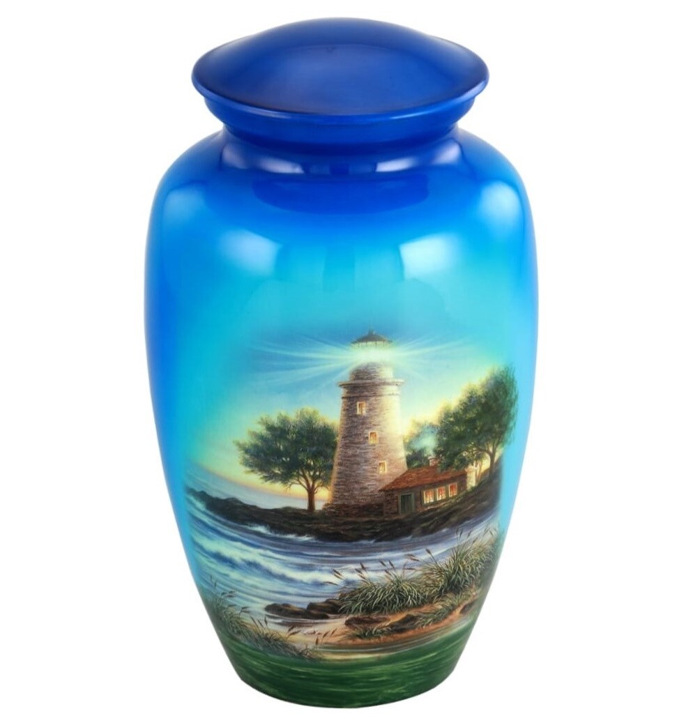 Hand Painted Metal Cremation Urn – Ocean Side – Handcrafted Urn for Human Ashes