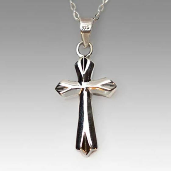 Beveled Cross Sterling Silver Funeral Cremation Urn Pendant w/Chain for Ashes